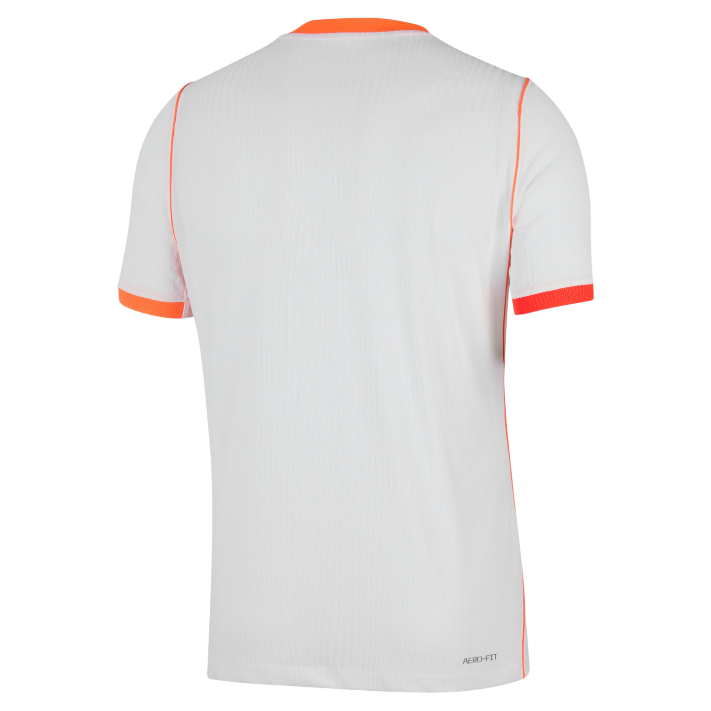 The back view of a white, short-sleeved athletic jersey with bright orange accents on the crew neck, sleeve cuffs, and shoulder seams. The white fabric features a fine vertical ribbed texture, and "AERO-FIT" is printed in small grey text at the bottom rig