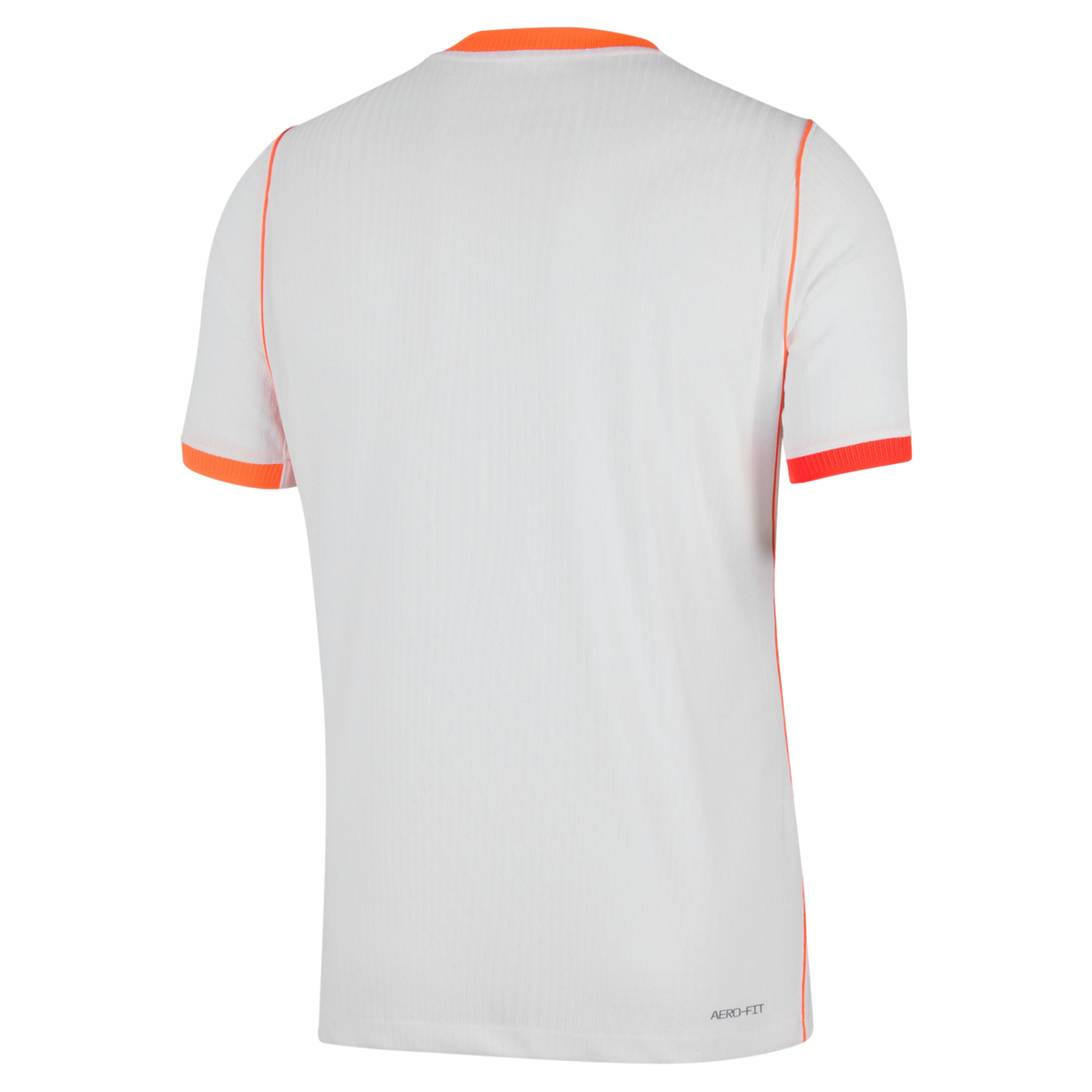 The back view of a white, short-sleeved athletic jersey with bright orange accents on the crew neck, sleeve cuffs, and shoulder seams. The white fabric features a fine vertical ribbed texture, and "AERO-FIT" is printed in small grey text at the bottom rig