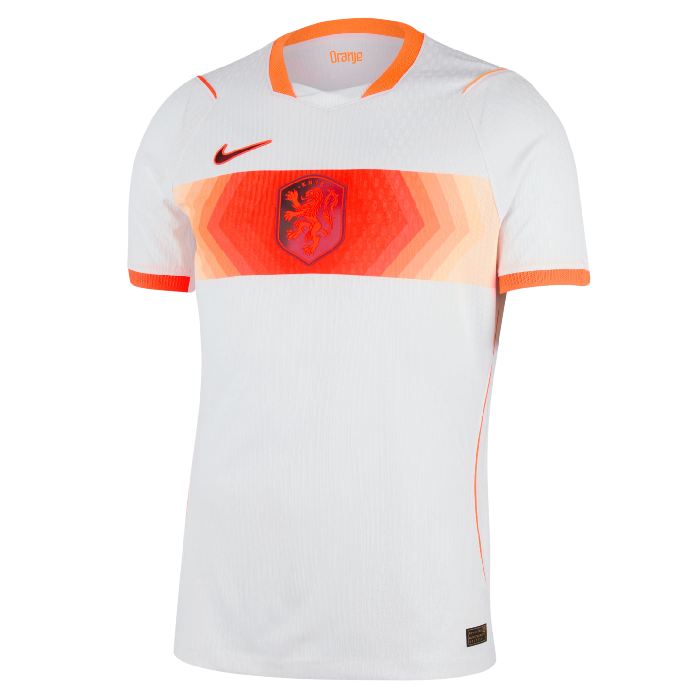 A white short-sleeved Nike football jersey featuring a wide horizontal band across the chest in varying shades of orange. Centered on the band is the Netherlands KNVB lion crest, with an orange Nike swoosh on the upper right chest and orange trim on the c
