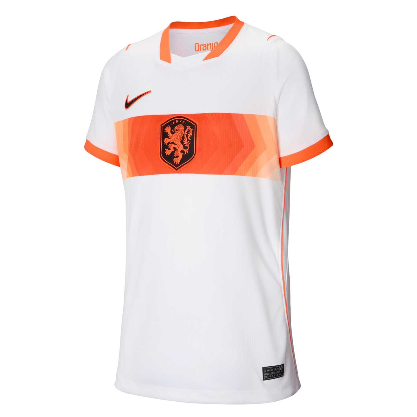 A white Nike soccer jersey for the Netherlands national team, featuring an orange horizontal band across the chest with the KNVB lion crest, and orange trim on the collar and sleeves.