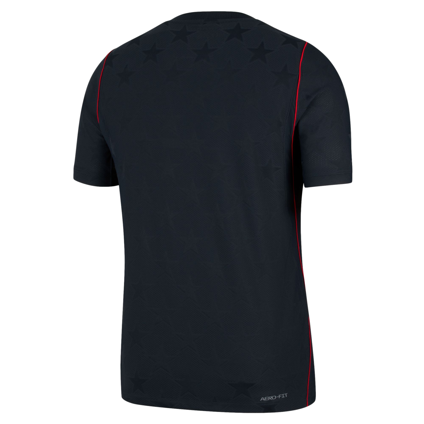 Back view of a black athletic jersey featuring tonal star patterns on the shoulders and thin red piping along the sides. "AERO-FIT" text is visible on the bottom right hem.