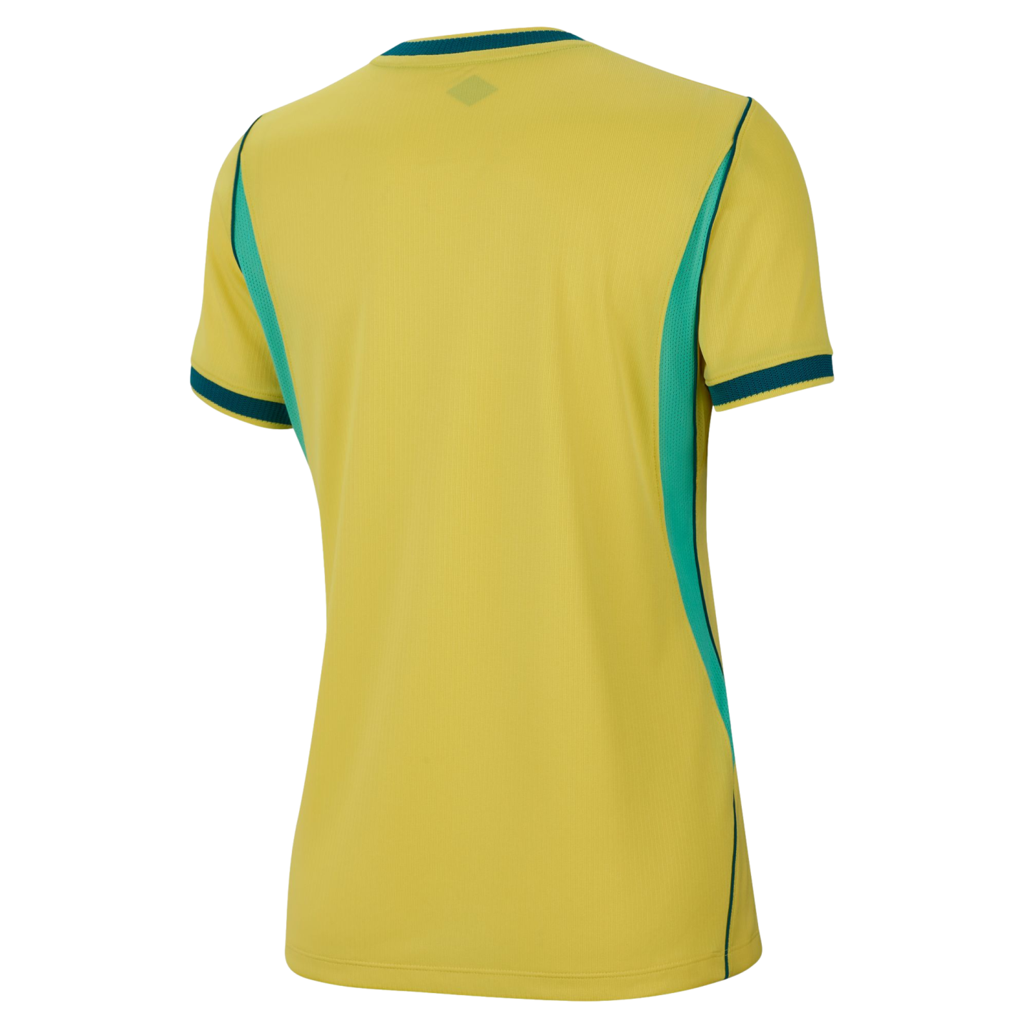 Back view of a yellow athletic jersey with short sleeves, green trim on the collar and cuffs, and green vertical side panels against a black background.
