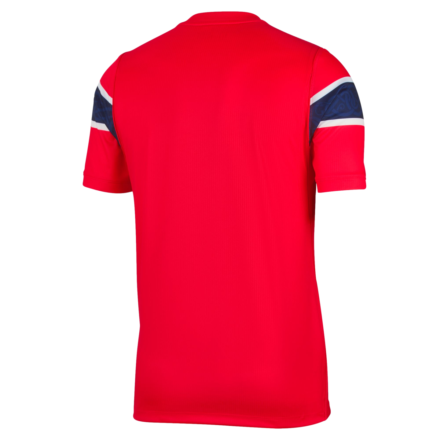 Back view of a red short-sleeved jersey with vertical ribbing. The sleeves feature a navy blue band with a tonal pattern, bordered by thin white stripes.
