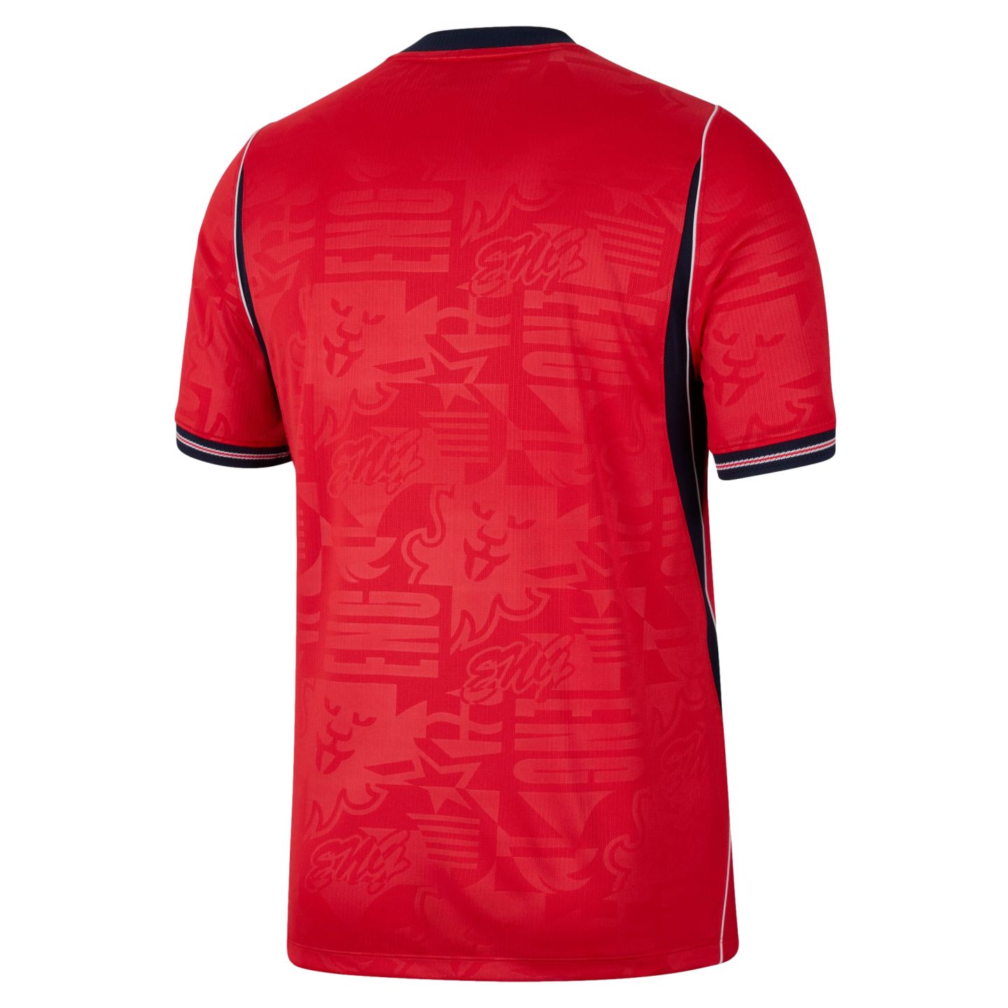 Back view of a red short-sleeve soccer jersey featuring a tonal lion and "ENG" pattern, navy blue side panels with white piping, and navy-striped sleeve cuffs.