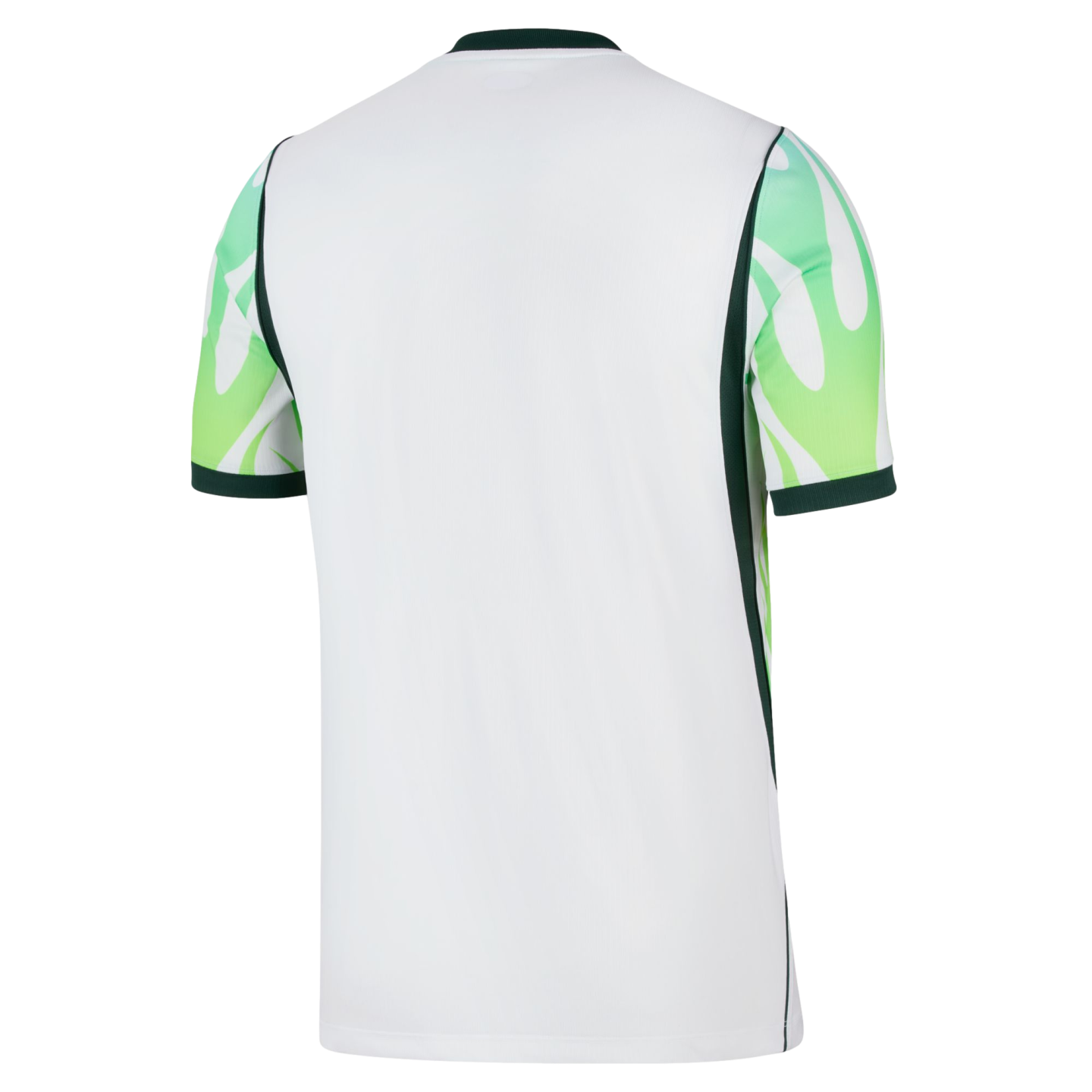 Back view of a white sports jersey featuring sleeves with an abstract green and lime pattern and dark green accents on the collar, cuffs, and sides.