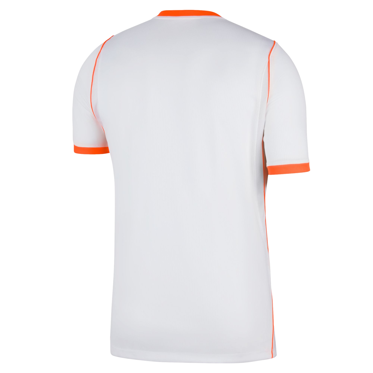 Back view of a white short-sleeved athletic jersey with orange accents at the collar, sleeve cuffs, and along the side seams, set against a black background.