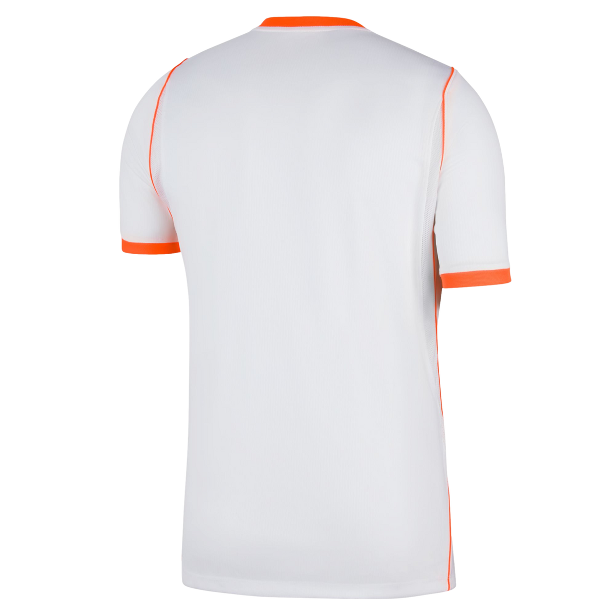 Back view of a white short-sleeved athletic jersey with orange accents at the collar, sleeve cuffs, and along the side seams, set against a black background.