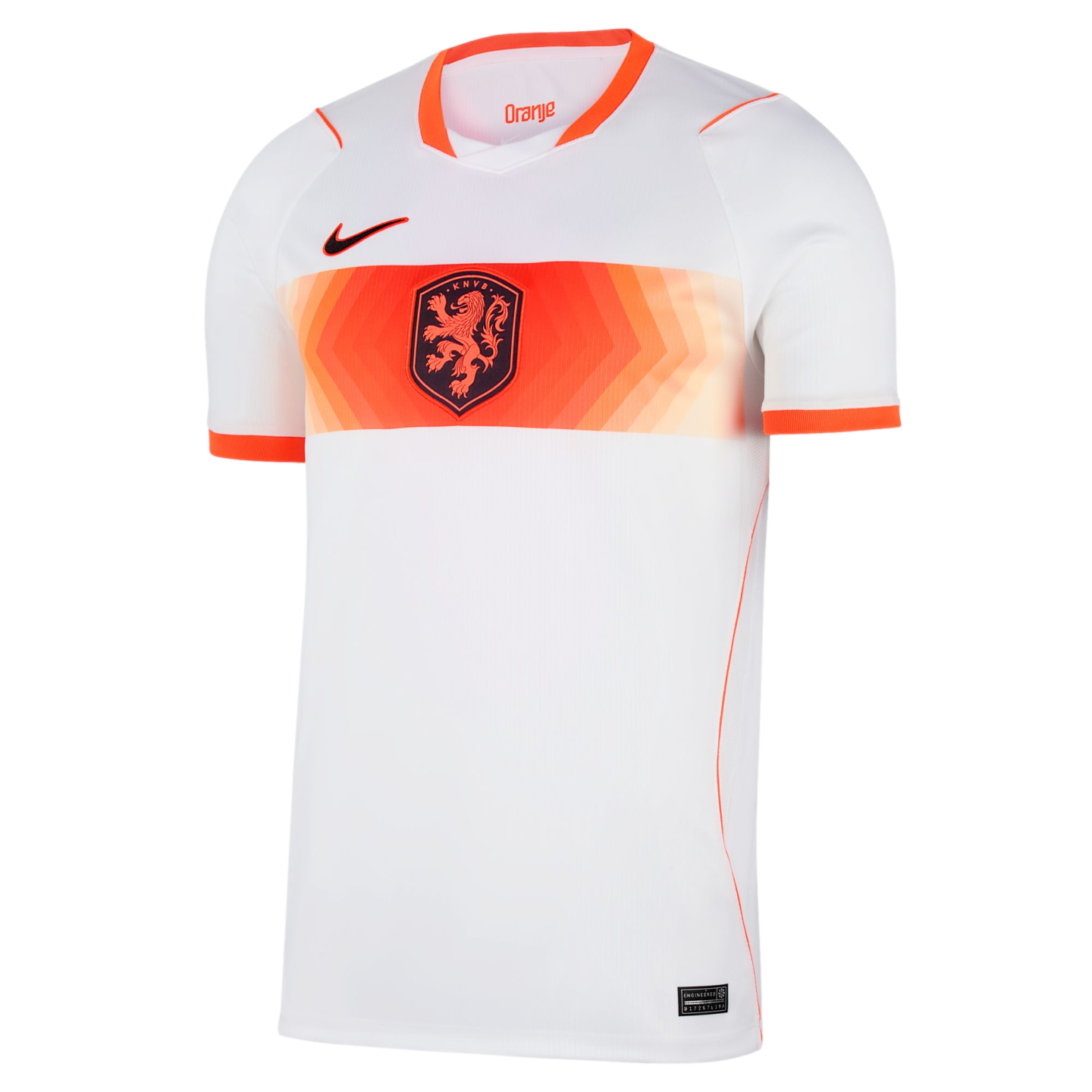A white Nike Netherlands national team soccer jersey with orange accents. A wide orange band with a geometric chevron pattern stretches across the chest, featuring the KNVB lion crest in the center. It has an orange v-neck collar and sleeve cuffs, with a
