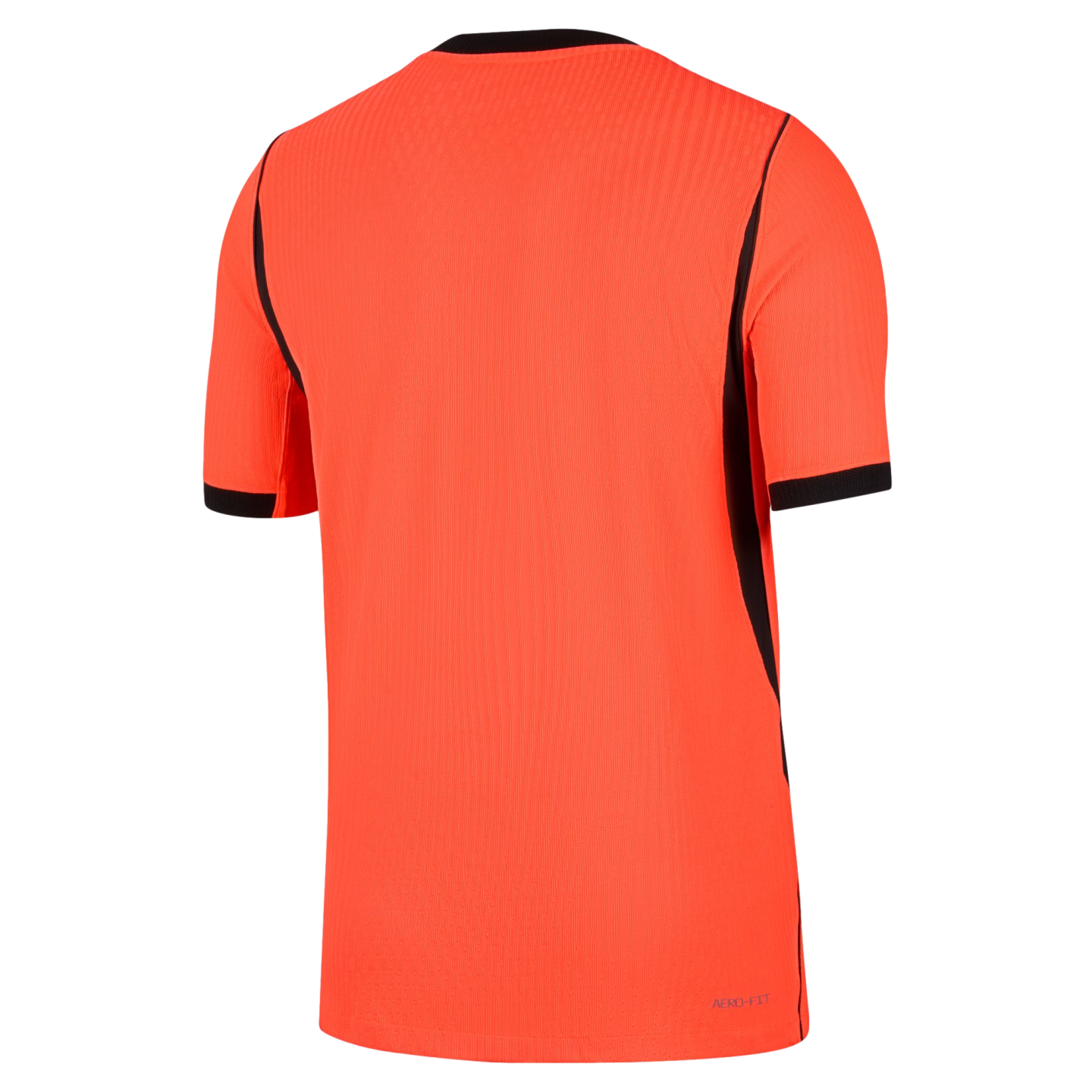 A back view of a vibrant orange short-sleeved athletic jersey with black trim on the collar, sleeve cuffs, and side panels. The shirt features a vertical ribbed texture and small blue "AERO-FIT" text at the bottom right hem.
