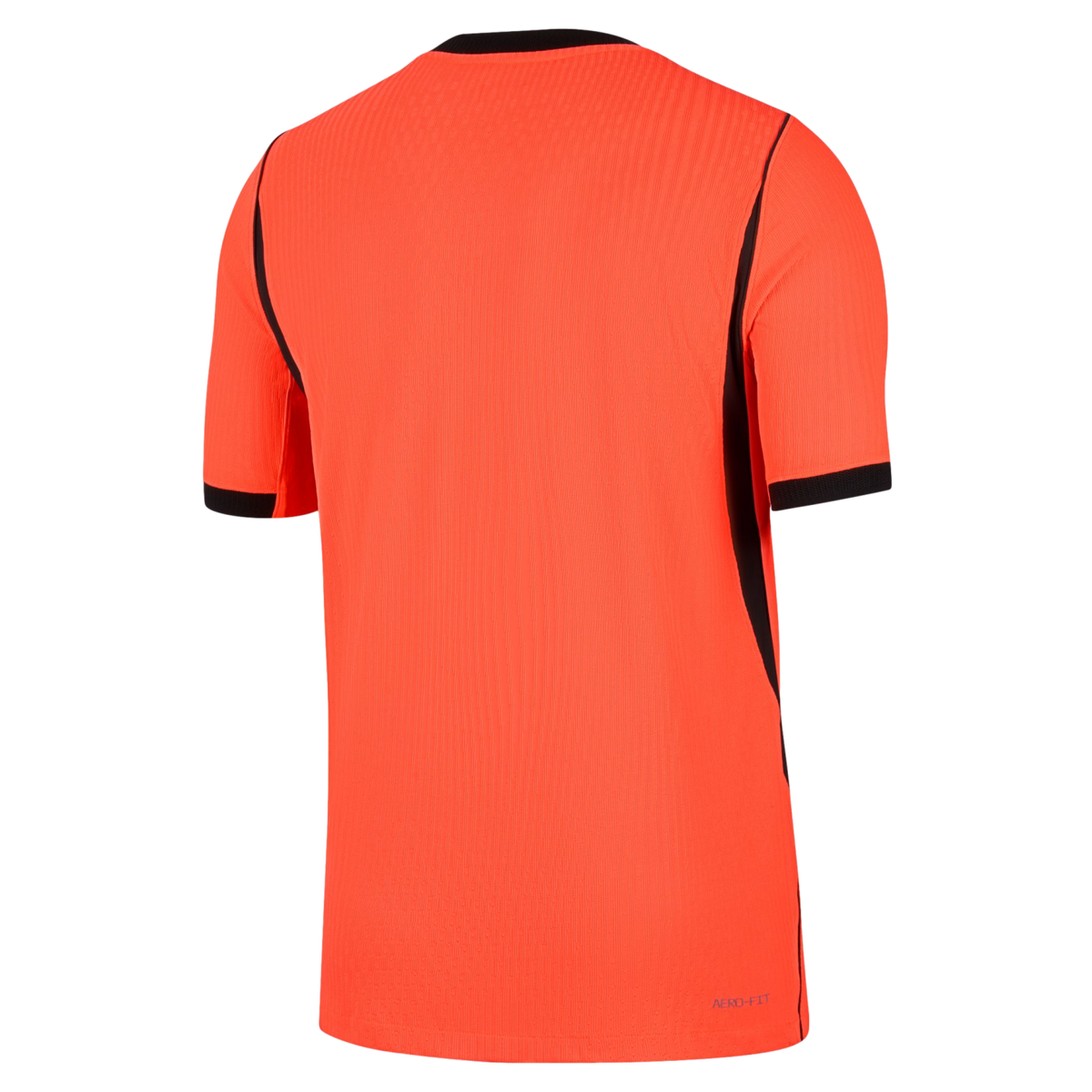 A back view of a vibrant orange short-sleeved athletic jersey with black trim on the collar, sleeve cuffs, and side panels. The shirt features a vertical ribbed texture and small blue "AERO-FIT" text at the bottom right hem.