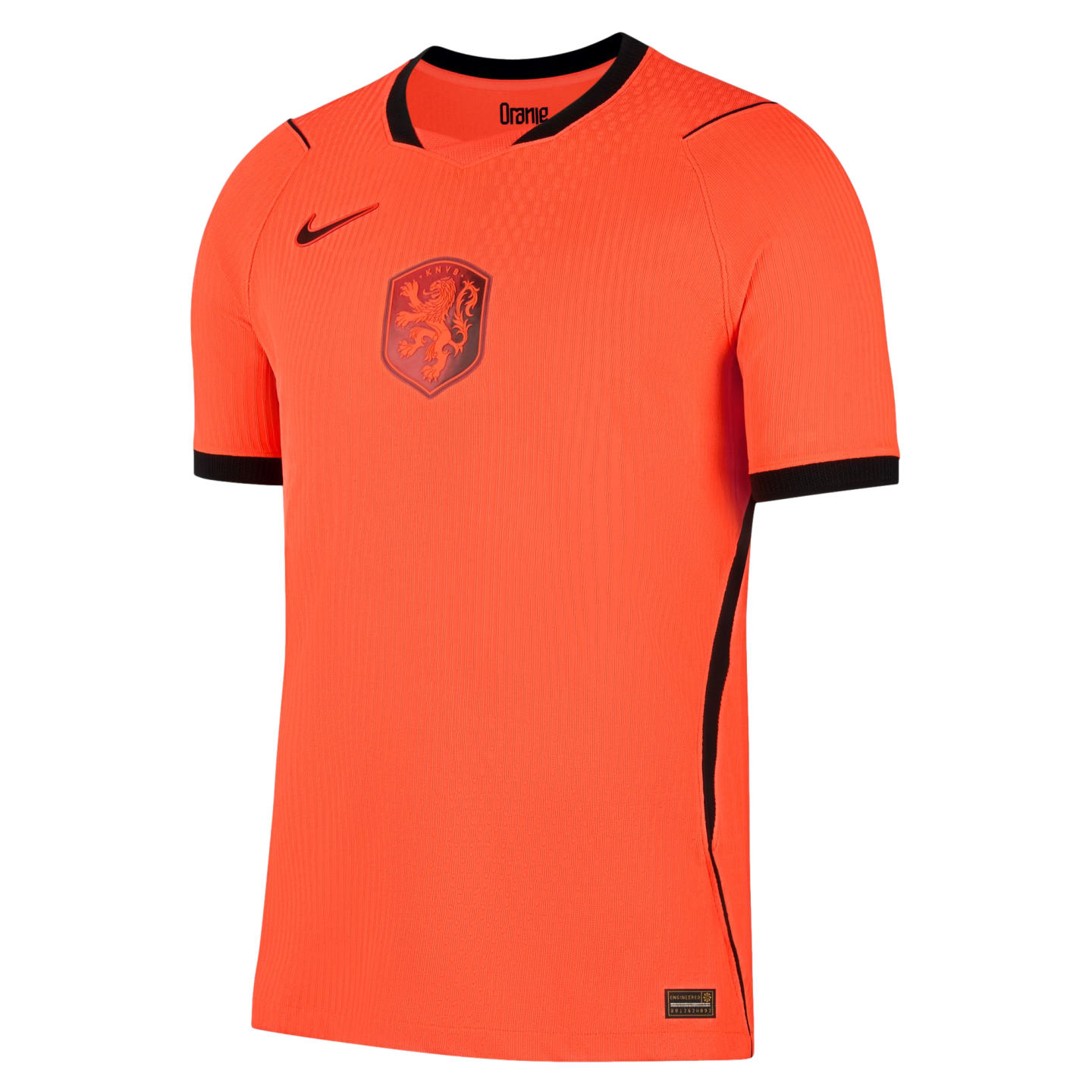 A bright orange Nike Netherlands national football team jersey featuring a central KNVB lion crest, black trim on the collar and sleeve cuffs, and a vertical ribbed texture.