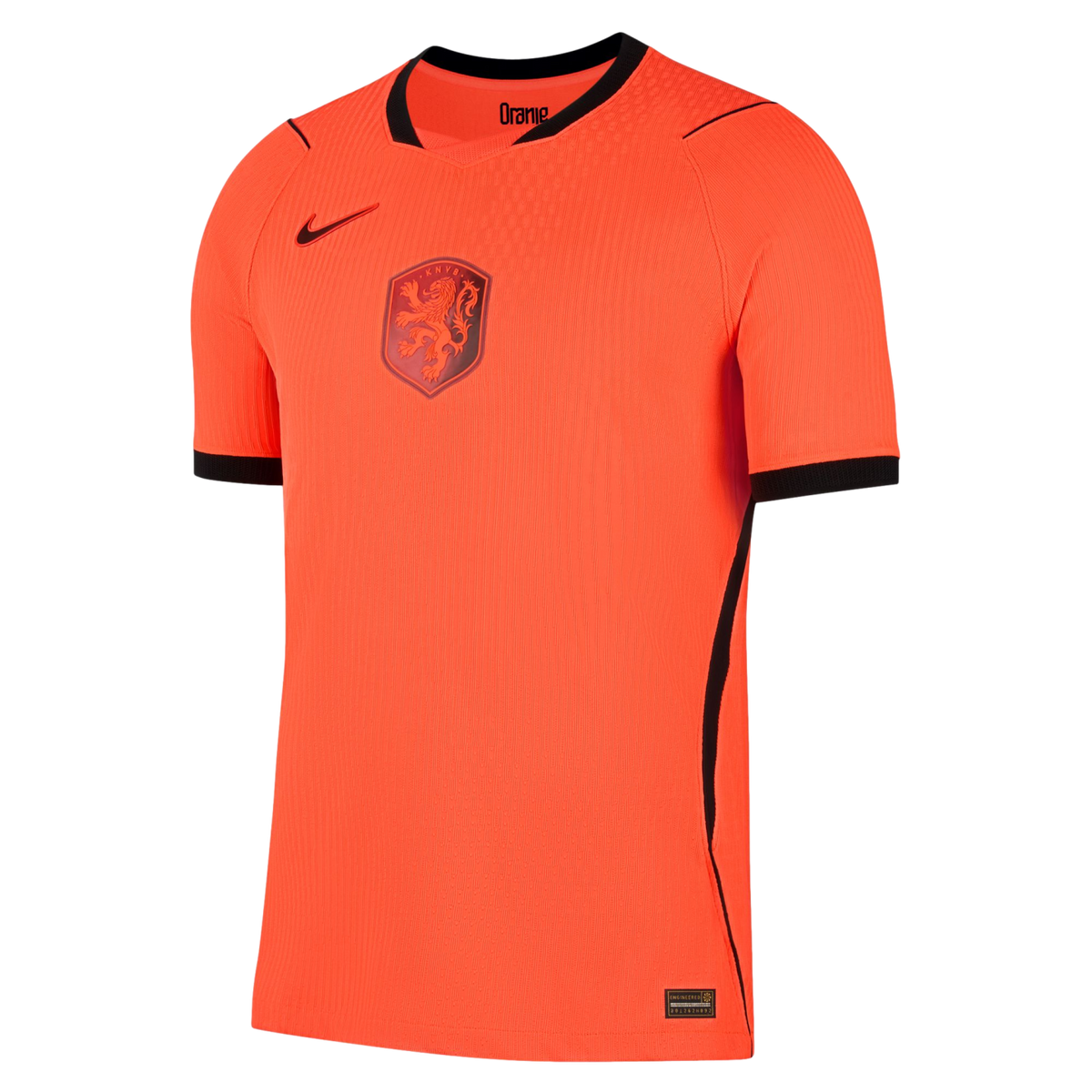A bright orange Nike Netherlands national football team jersey featuring a central KNVB lion crest, black trim on the collar and sleeve cuffs, and a vertical ribbed texture.