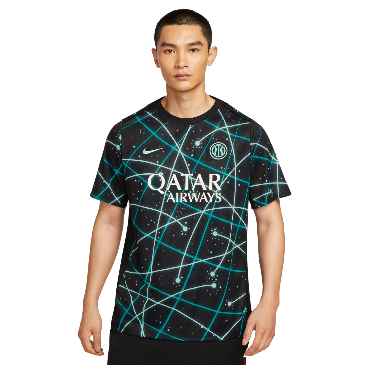 A man wearing a black Inter Milan soccer jersey with a teal geometric constellation pattern and white Qatar Airways logo, set against a plain white background.