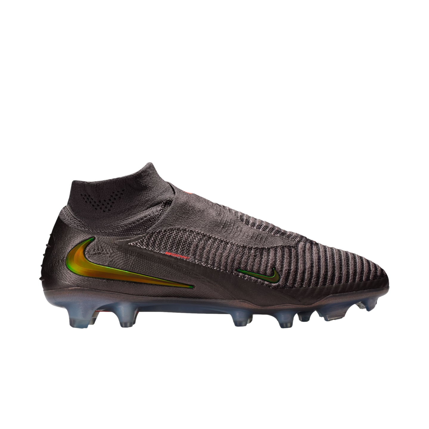 A side-profile view of a dark brown Nike Phantom soccer cleat featuring a knitted high-cut collar and an iridescent metallic green-and-orange Nike swoosh on a black background.