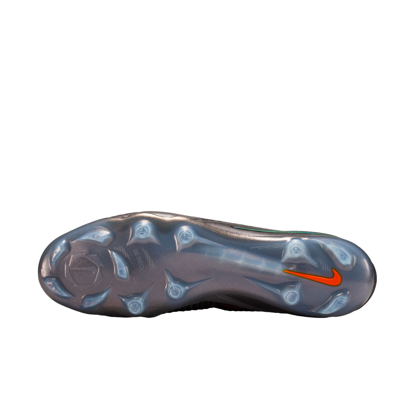 Underside view of a metallic grey Nike soccer cleat against a black background. The translucent soleplate features a pattern of clear studs, a circular "Nike Cyclone 360" design at the forefoot, and a bright orange Nike swoosh at the heel.