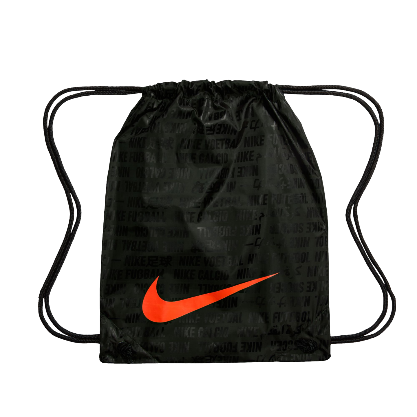 A black Nike drawstring bag with a large bright orange swoosh on the front. The bag features a subtle, repeating pattern of the word "Nike" alongside words for "soccer" in various languages. Two black drawstrings at the top serve as a cinch closure and sh