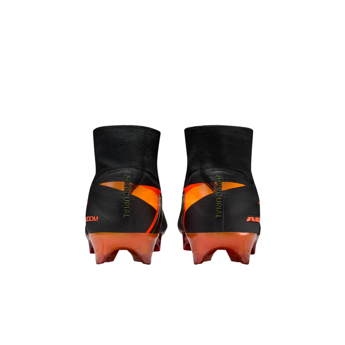Rear view of black and orange Nike Mercurial soccer cleats with a high-cut knit collar, set against a solid black background.