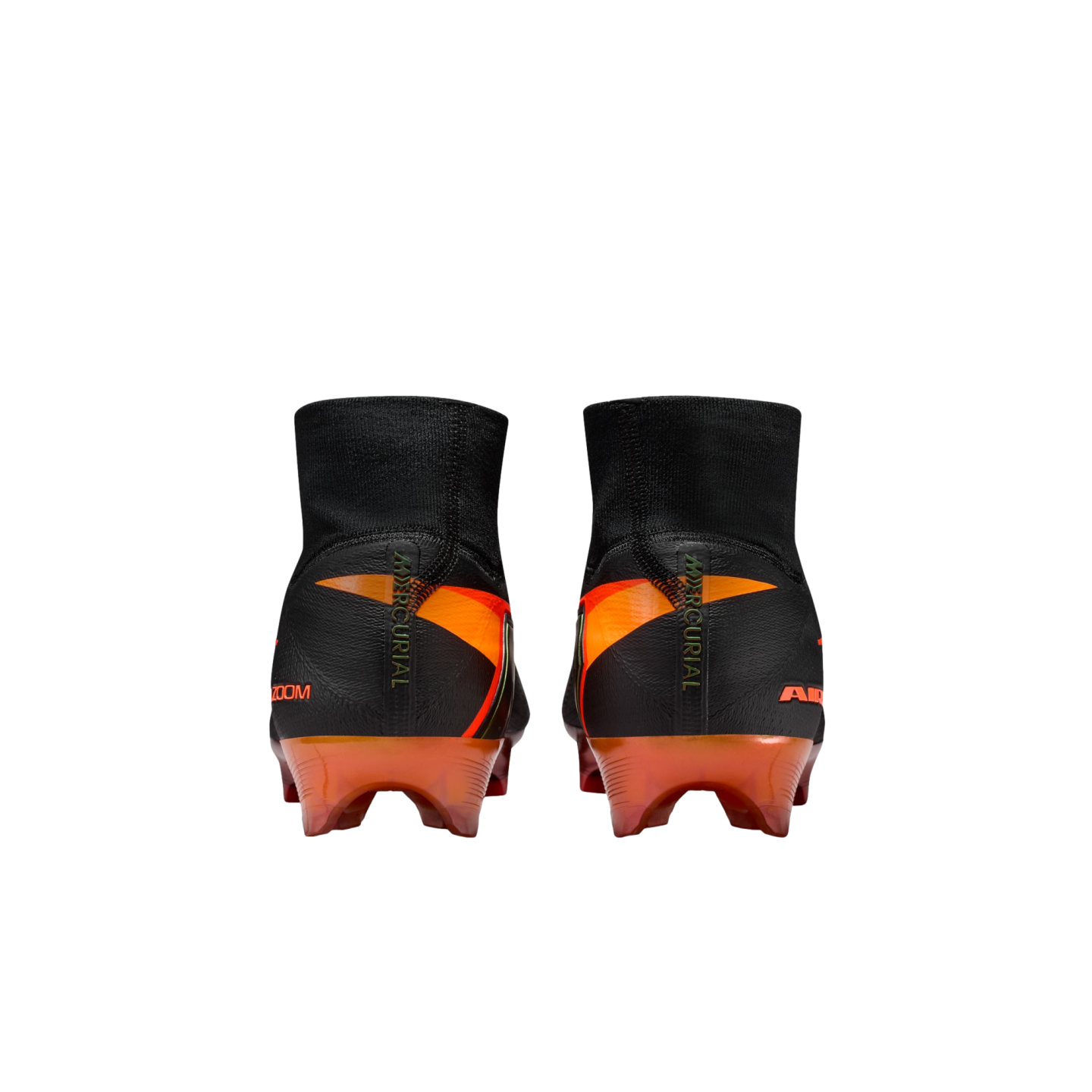 Rear view of black and orange Nike Mercurial soccer cleats with a high-cut knit collar, set against a solid black background.
