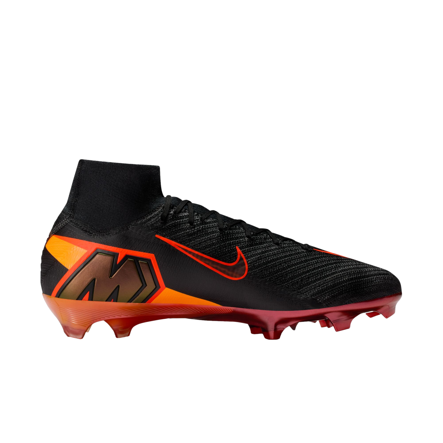 A side view of a Nike Mercurial Superfly soccer cleat featuring a black knit upper and a high-top collar. An orange Nike Swoosh with a red outline is on the side, and a large bronze "M" logo is set into an orange and red graphic on the heel. The soleplate