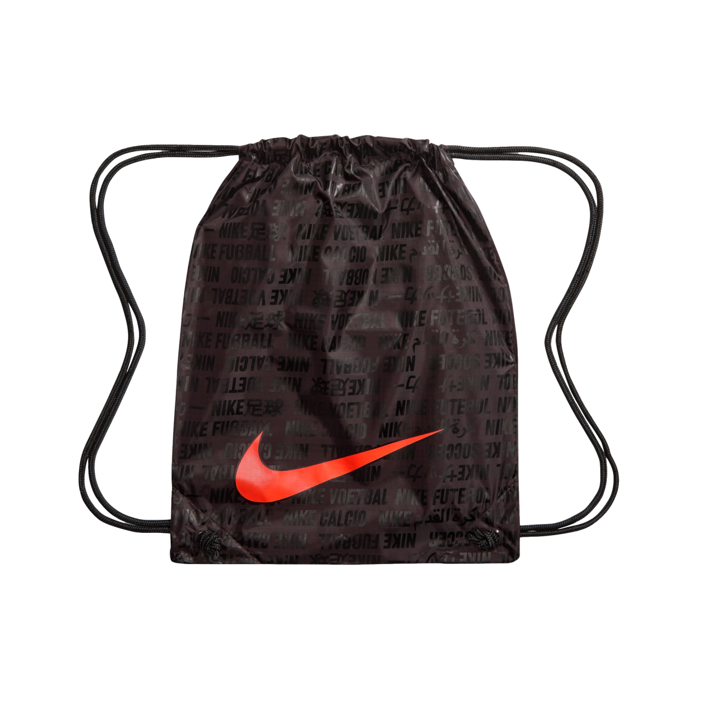 A dark brown Nike drawstring bag featuring a large, bright red swoosh across the center. The bag is covered in a repeating black text pattern of "NIKE" followed by translations for the word "football" in various languages and scripts. Black cord drawstrin