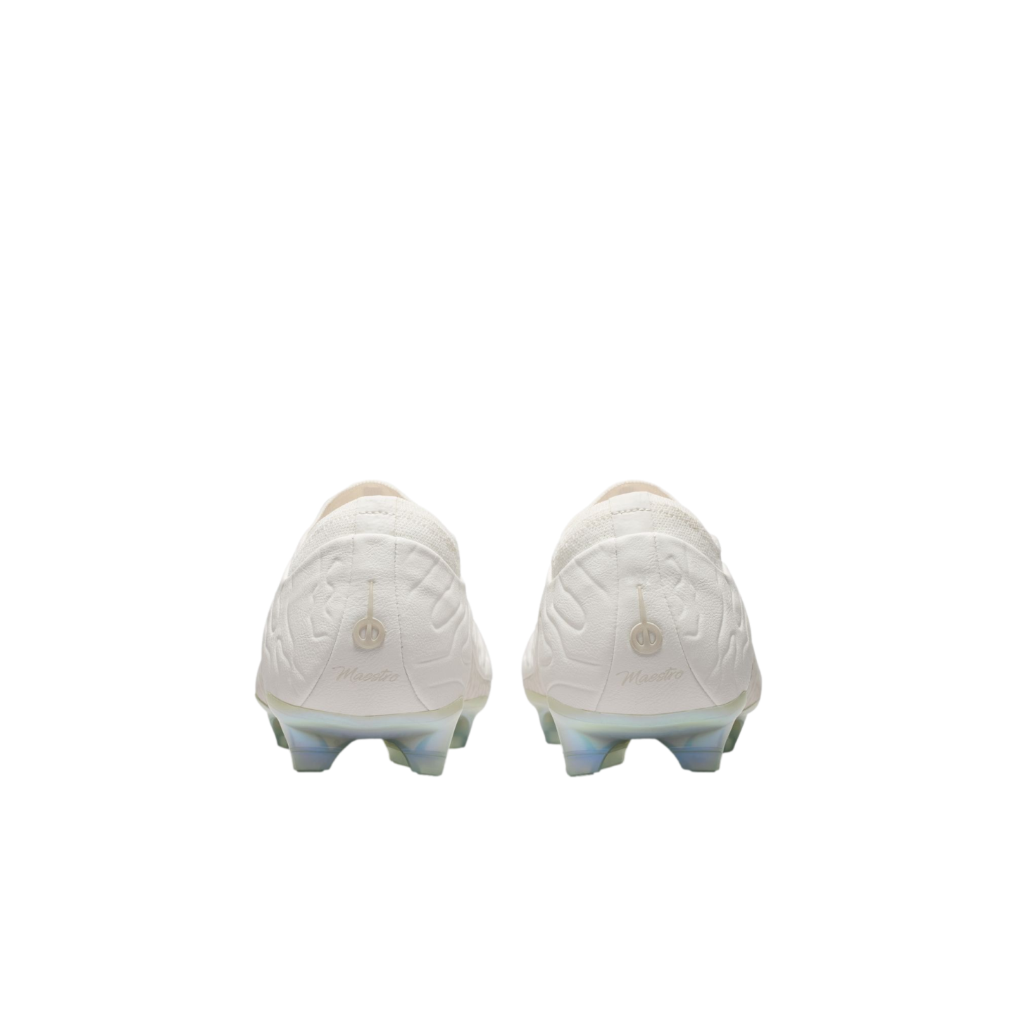 Rear view of white soccer cleats featuring "Maestro" text on the heels, an embossed upper pattern, and iridescent studs.