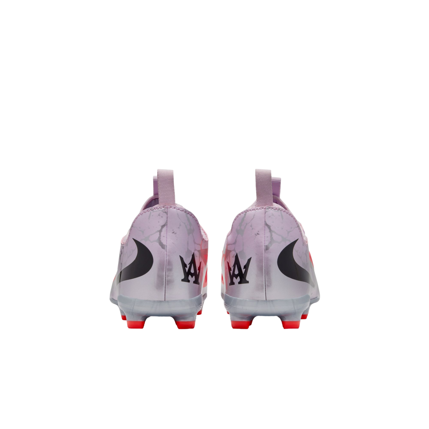 Rear view of two light purple Nike soccer cleats with a marbled pattern, black crown logos on the heels, and red studs.