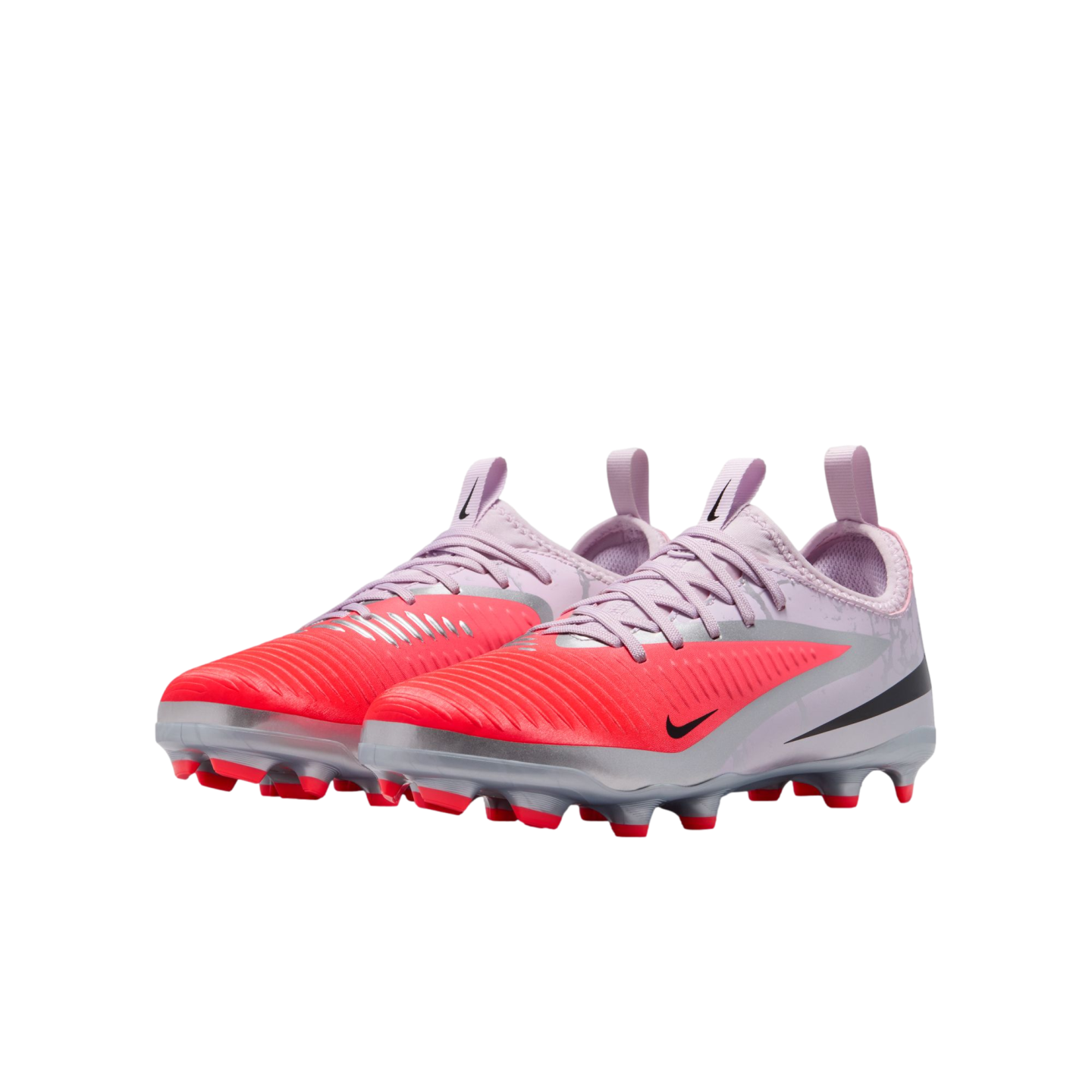 Pair of lavender and bright red Nike soccer cleats with silver accents and black swooshes, displayed against a black background.