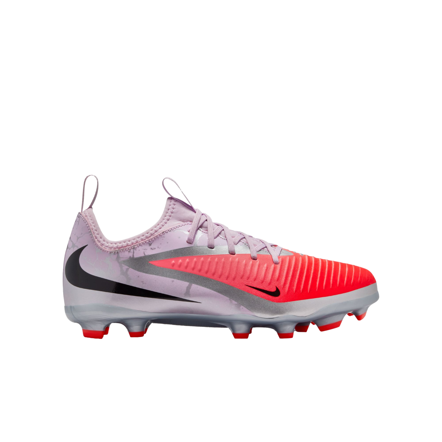 Profile view of a Nike soccer cleat with a lavender heel, silver accents, and a bright red toe and studs, set against a black background.