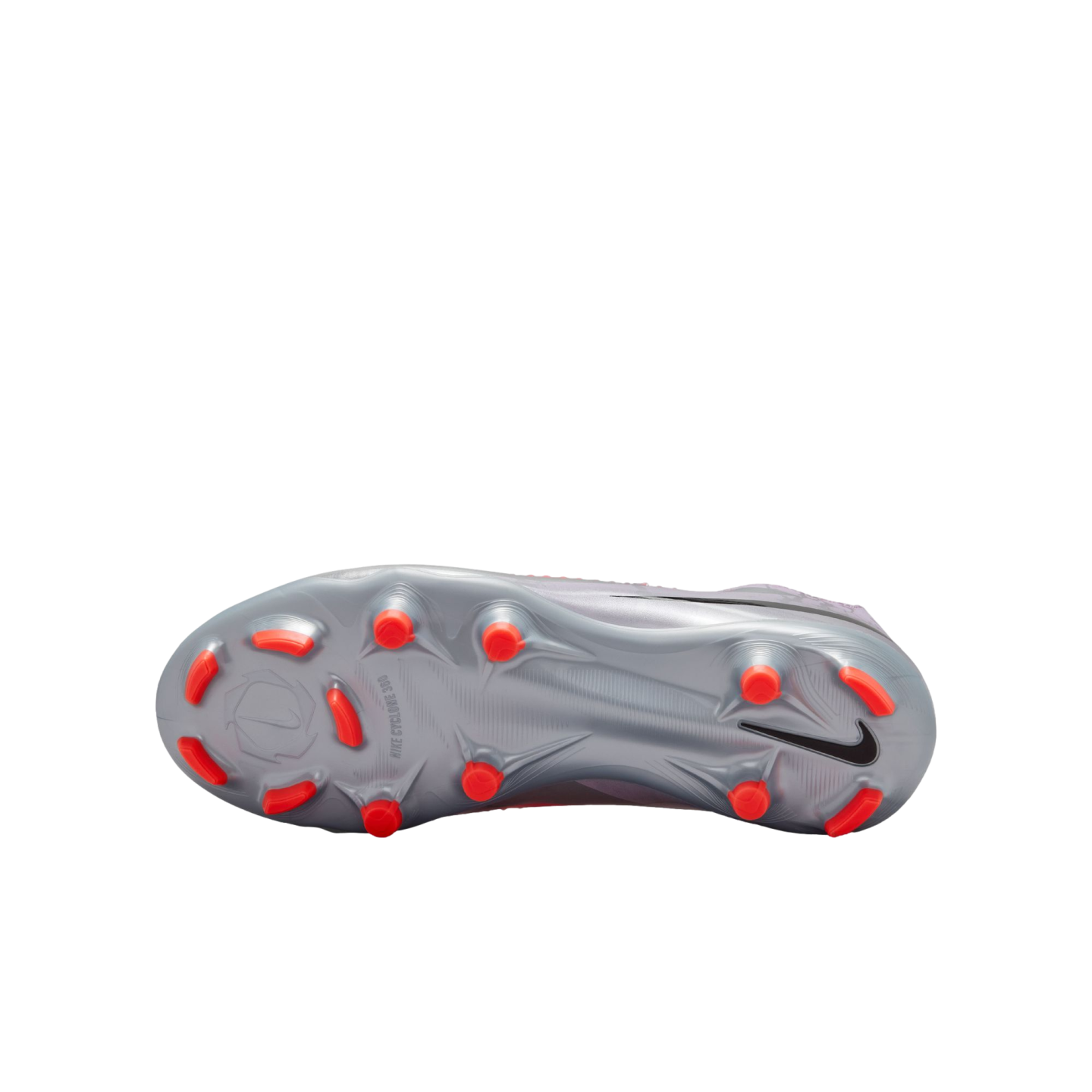 Bottom view of a silver Nike soccer cleat featuring bright orange studs and "NIKE CYCLONE 360" text against a black background.