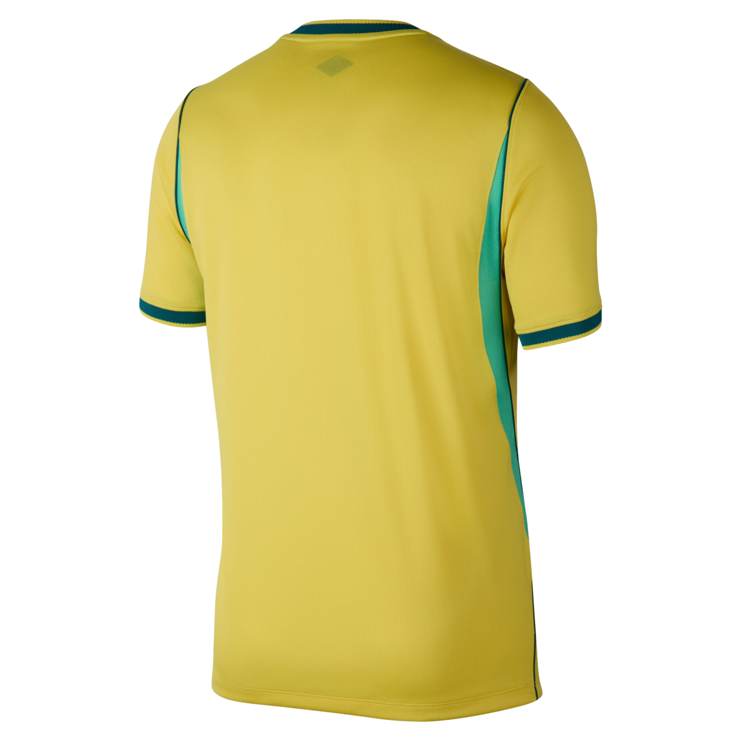 Rear view of a yellow short-sleeved jersey with green trim on the collar and sleeve cuffs, and green panels on the sides, set against a black background.