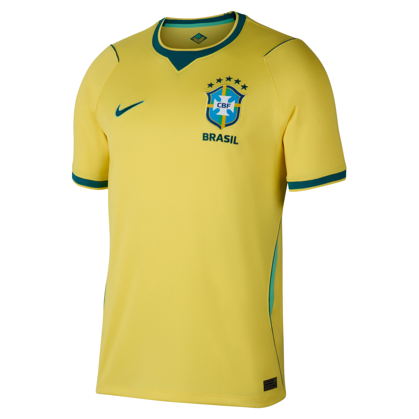 A yellow Nike Brazil national soccer team home jersey with green trim on the collar and cuffs. The shirt features a green Nike swoosh on the right chest and the official CBF crest on the left chest, topped by five stars and the word "BRASIL" below.