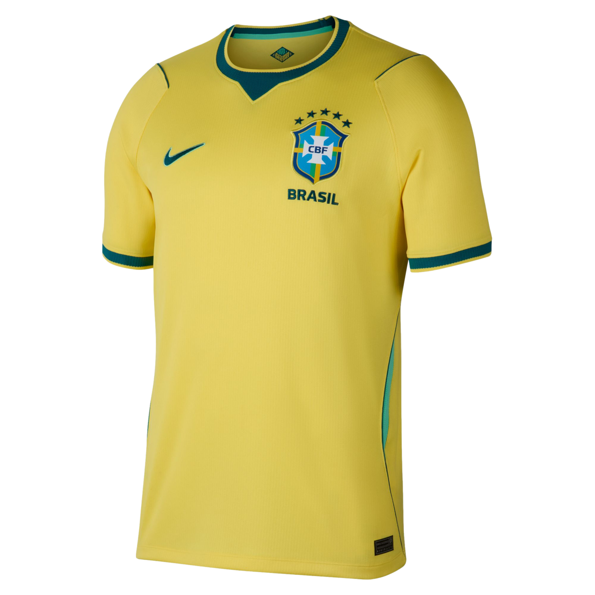 A yellow Nike Brazil national soccer team home jersey with green trim on the collar and cuffs. The shirt features a green Nike swoosh on the right chest and the official CBF crest on the left chest, topped by five stars and the word "BRASIL" below.