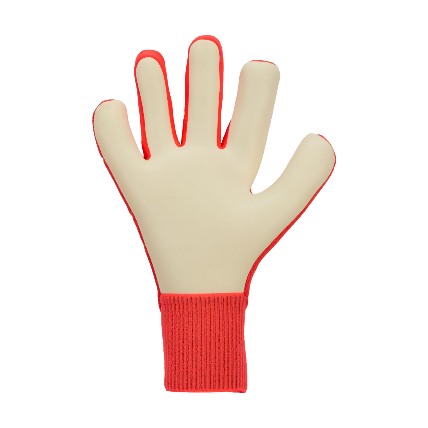 Goalkeeper glove shown from the palm side with cream foam padding and a red ribbed wristband, set against a black background.
