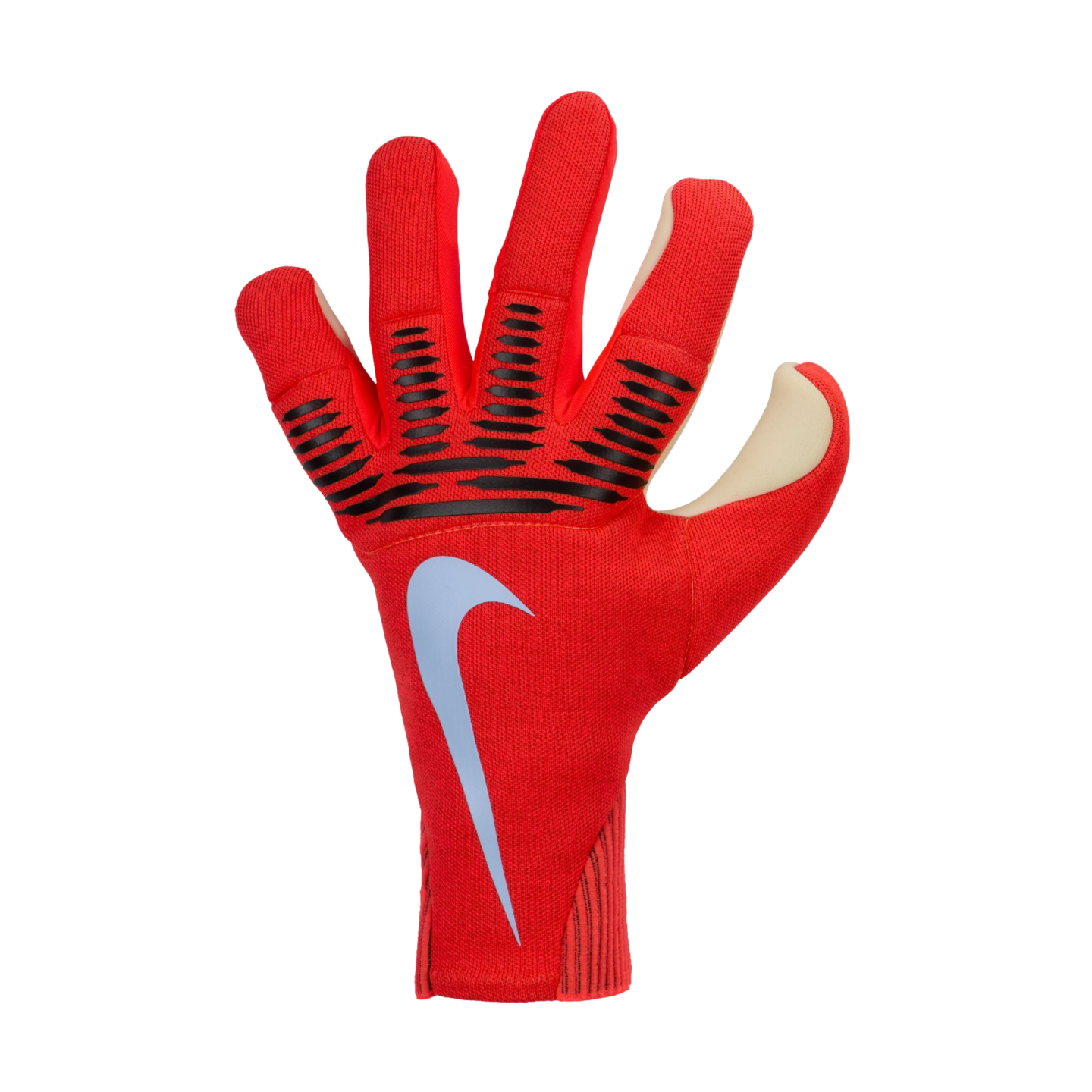 A red Nike goalkeeper glove with black grip textures and a light blue swoosh, displayed against a solid black background.