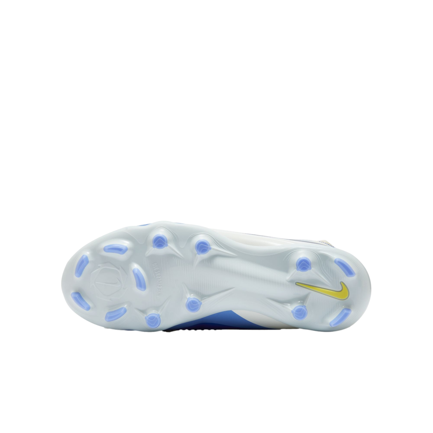 Bottom view of a Nike soccer cleat soleplate in white and light blue with blue studs and a yellow swoosh, set against a black background.