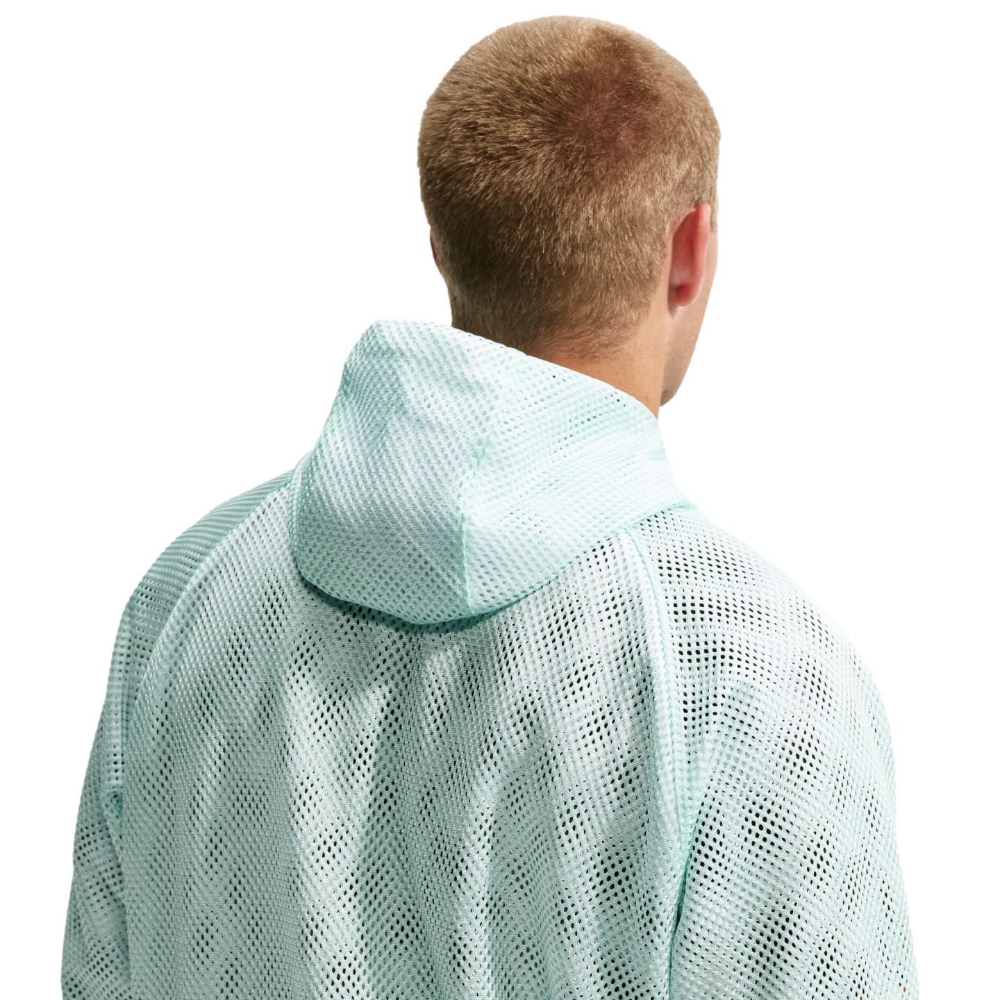 Rear view of a person with short blonde hair wearing a mint green mesh hooded sweatshirt against a black background.