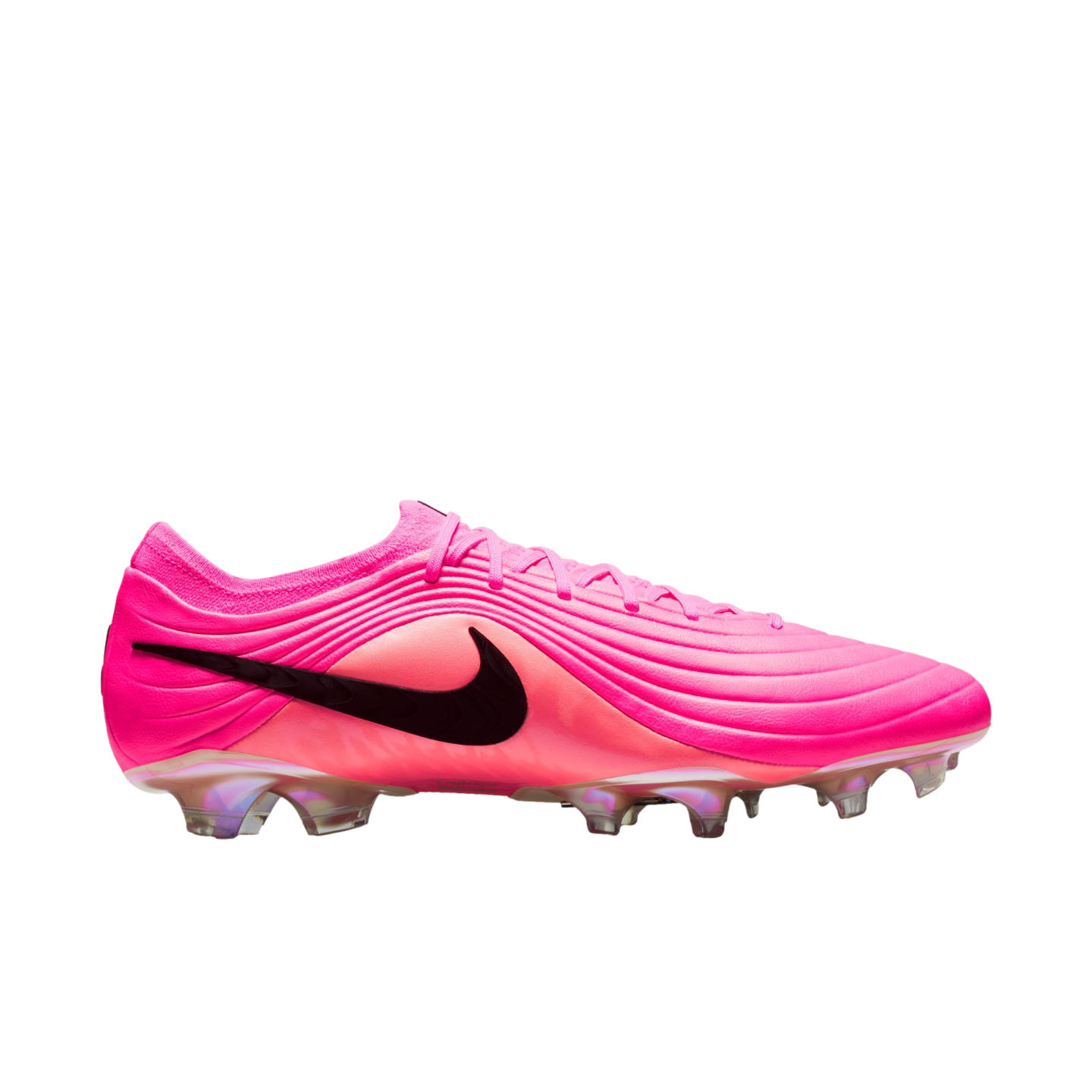 A vibrant pink Nike soccer cleat featuring a black swoosh and wavy textured upper, shown in profile against a plain white background.