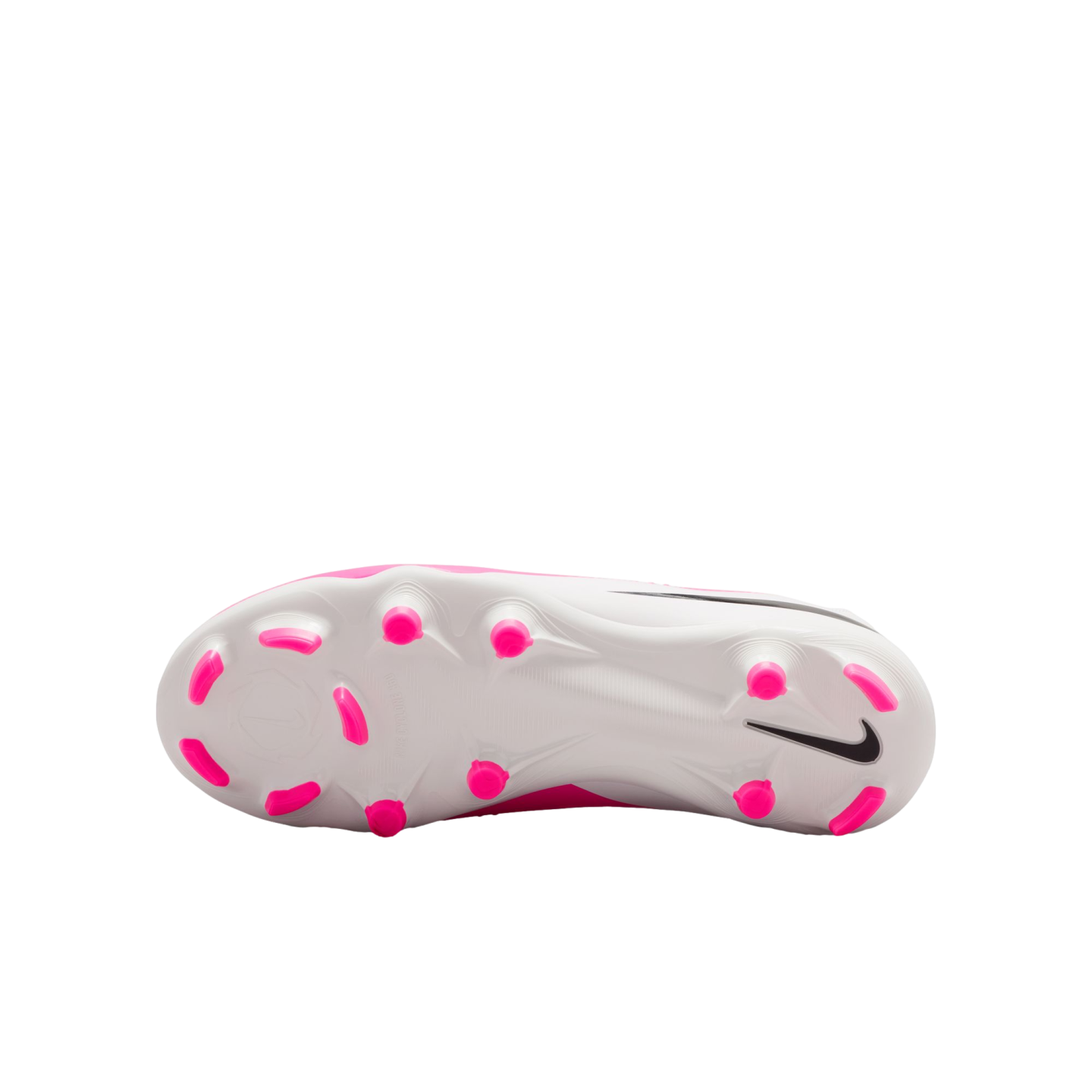 Bottom view of a white Nike soccer cleat with bright pink studs and a black Nike swoosh logo on the heel.