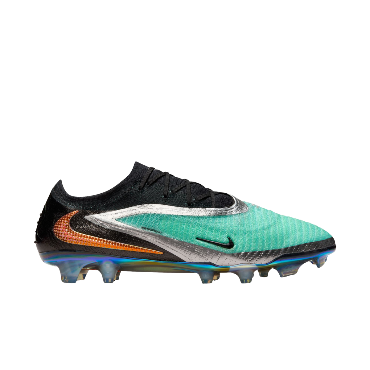 Nike Phantom GX 2 soccer cleat featuring a black and teal upper with silver accents, an orange swoosh, and an iridescent soleplate.