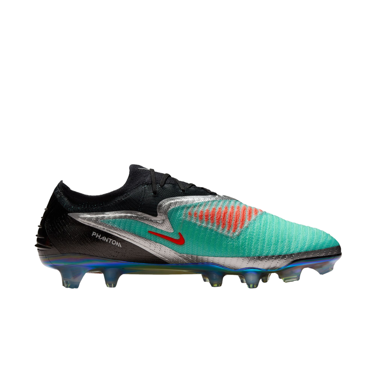 Side profile of a Nike Phantom soccer cleat with a teal and black upper, silver accents, and an iridescent sole plate on a white background.