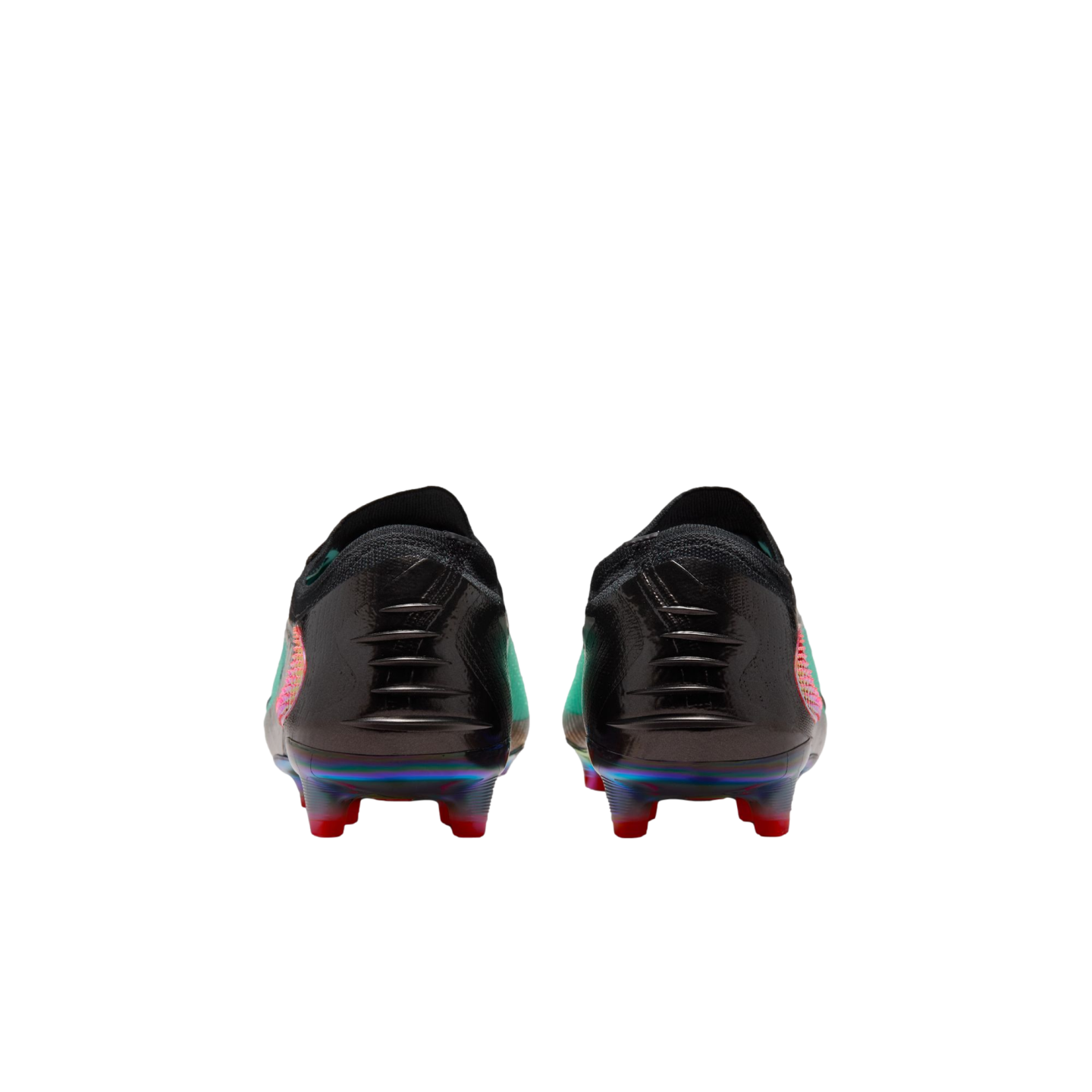 Rear view of black soccer cleats featuring iridescent heel detailing and red studs against a white background.