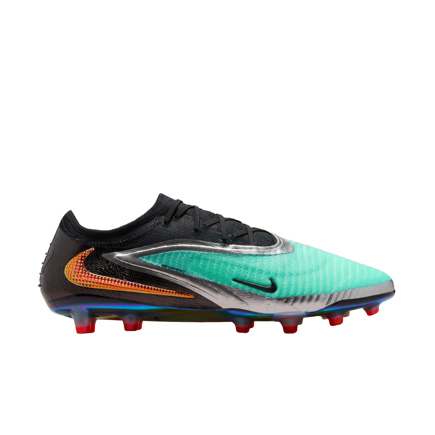 Nike soccer cleat with a black and turquoise upper, silver accents, an orange heel swoosh, and an iridescent soleplate with red studs.