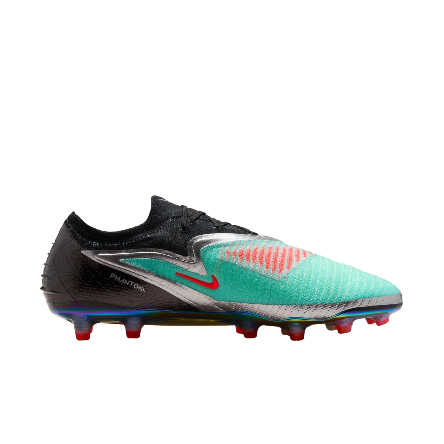 A Nike Phantom soccer cleat with a teal and black upper, metallic silver accents, a red swoosh, and an iridescent sole with red studs on a white background.