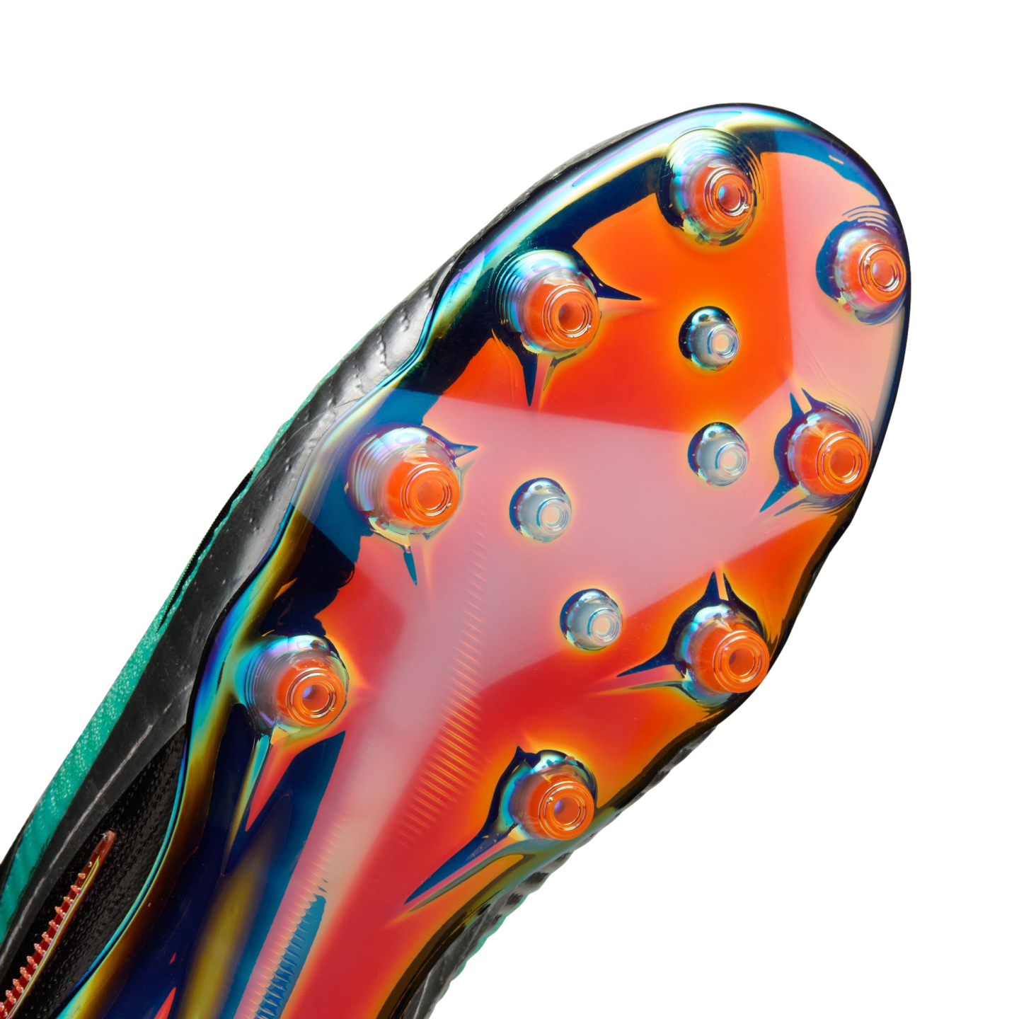 Close-up of an iridescent, multi-colored soccer cleat soleplate with bright orange and clear studs on a white background.