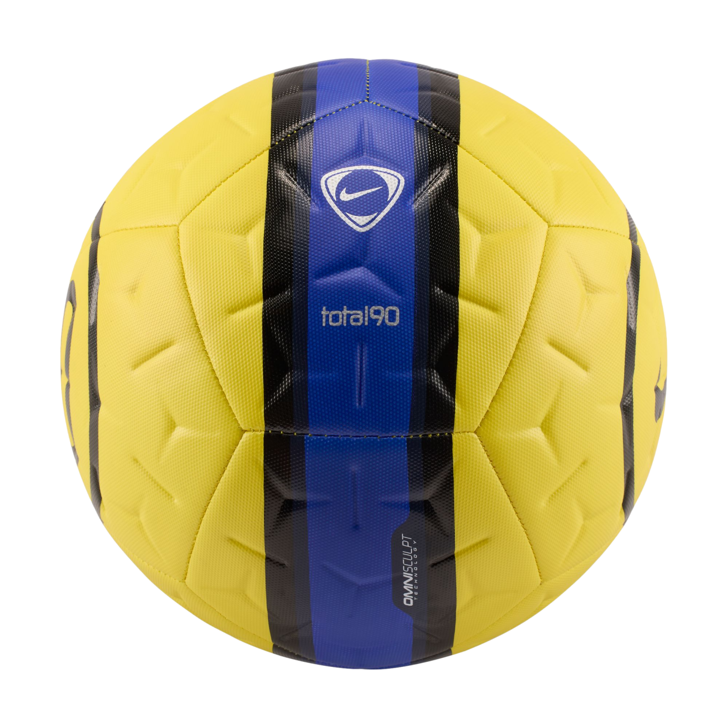 A yellow Nike Total 90 soccer ball featuring a vertical blue and black stripe, a Nike logo, and textured hexagonal panels.