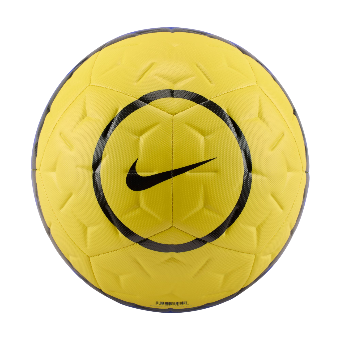 A bright yellow soccer ball featuring a black Nike swoosh logo inside a circle, with textured surface grooves against a black background.