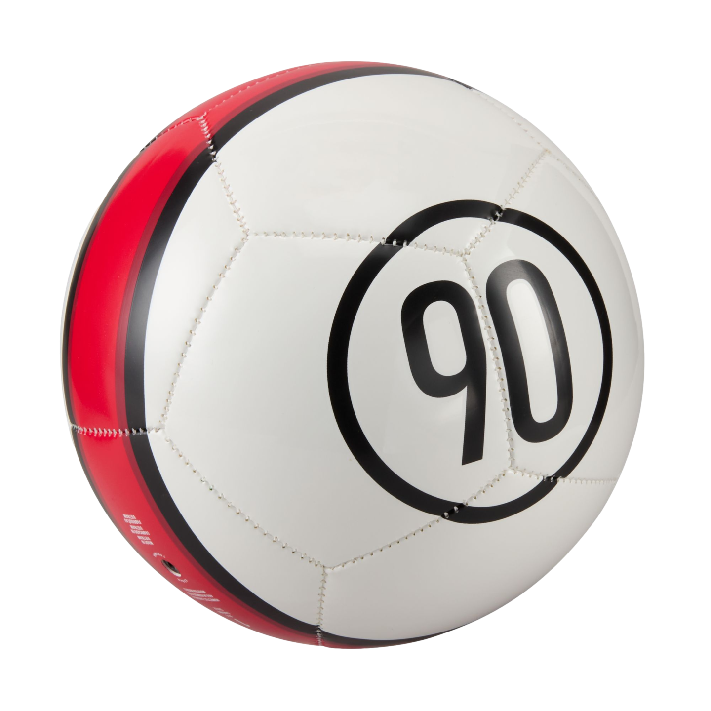 A white soccer ball with a red side section and a black circle in the center containing the number 90.