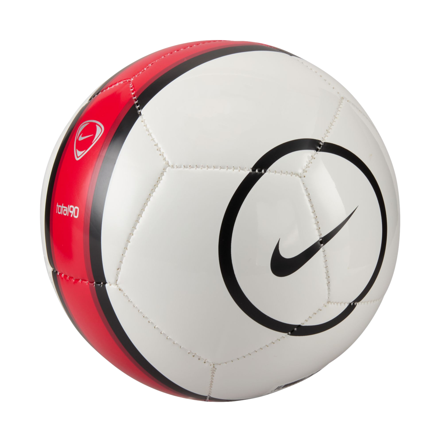 White Nike Total 90 soccer ball with a red and black stripe and a black swoosh logo inside a circle. Isolated on a white background.