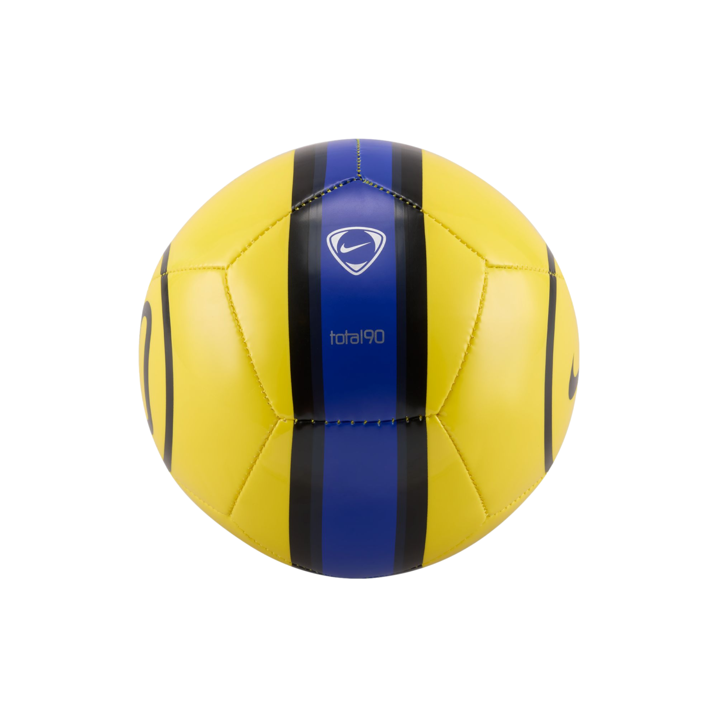 Yellow Nike Total 90 soccer ball with a central blue and black vertical stripe, set against a solid black background.