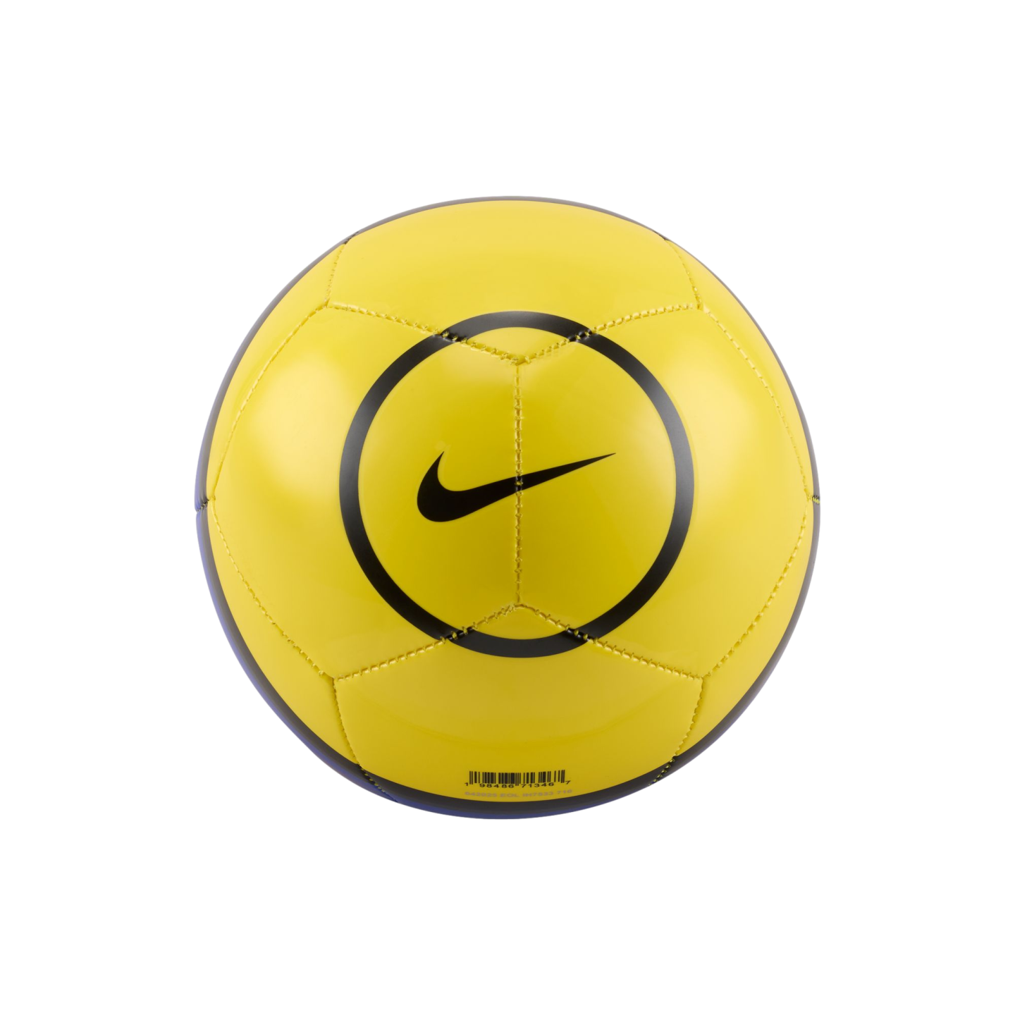 Bright yellow Nike soccer ball with a black swoosh logo inside a circle, centered on a solid black background.